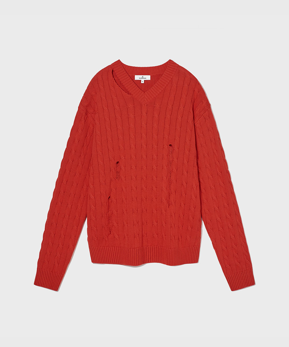 OURSCOPE아워스코프 Cut-out V Neck Cable Knit (Red)