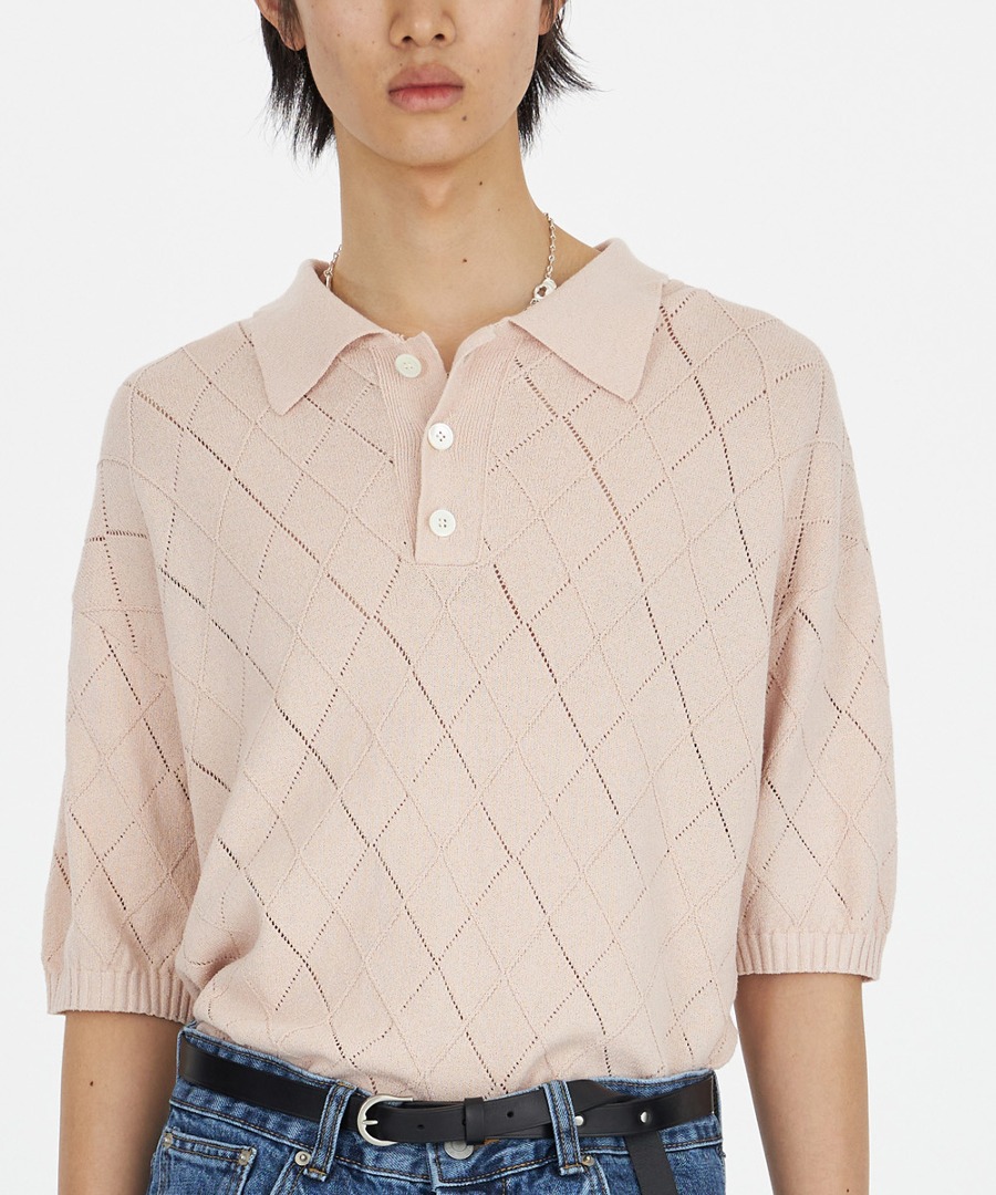 YOUTH유스 SS23 Argyle Knit Collar Half T-Shirt Pink