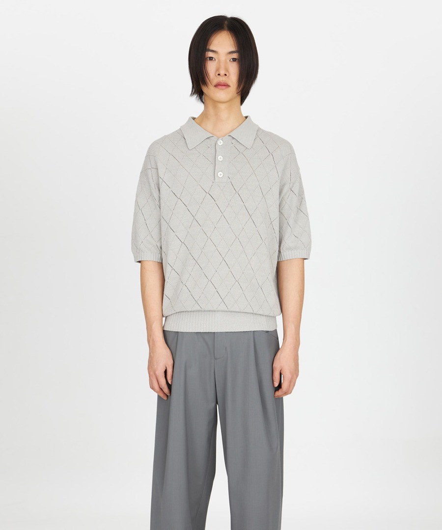 YOUTH유스 SS23 Argyle Knit Collar Half T-Shirt Light Grey