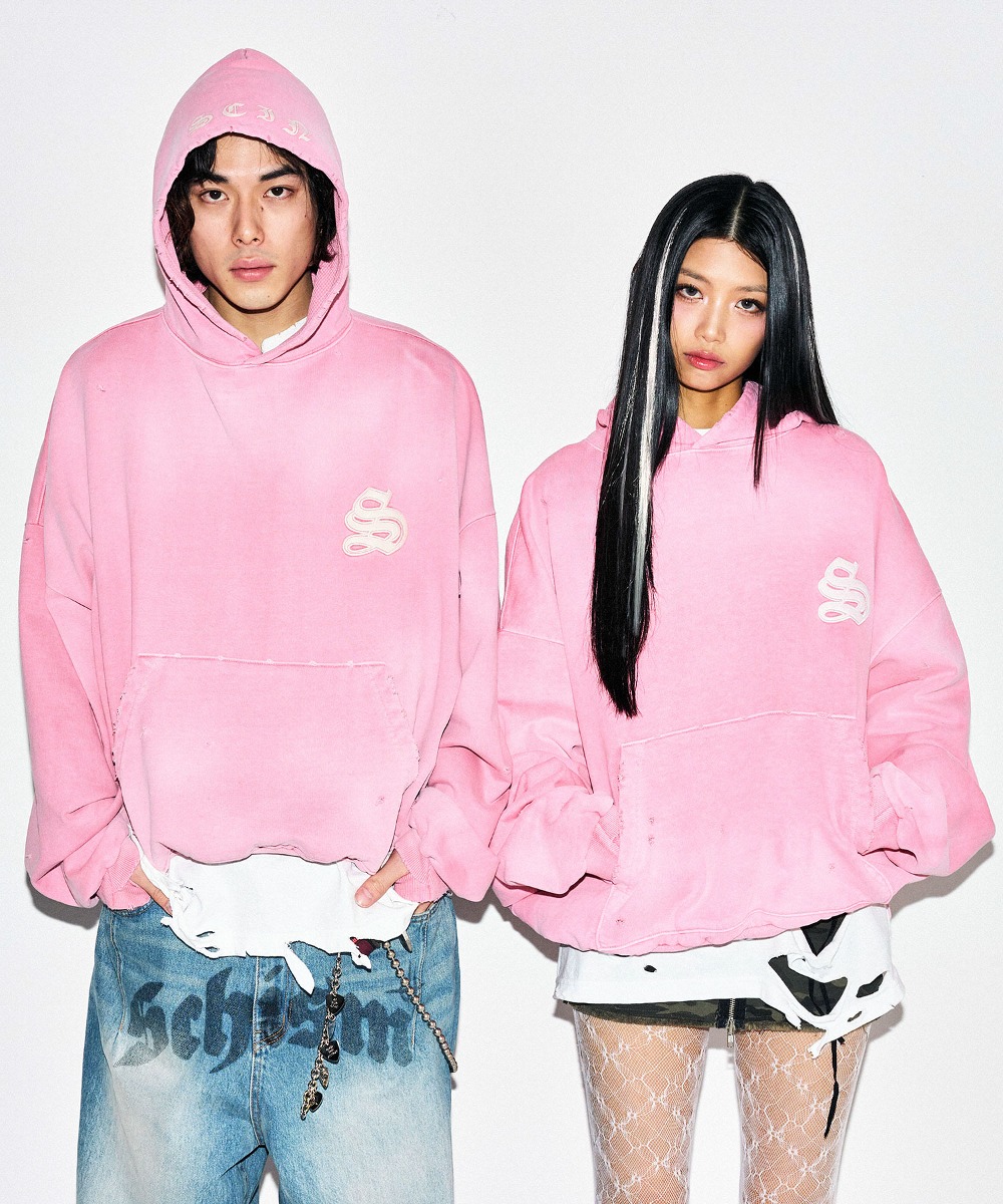 SCHISM INDUCING스키즘 인듀싱 LEATHER PATCH HOODIE, PINK