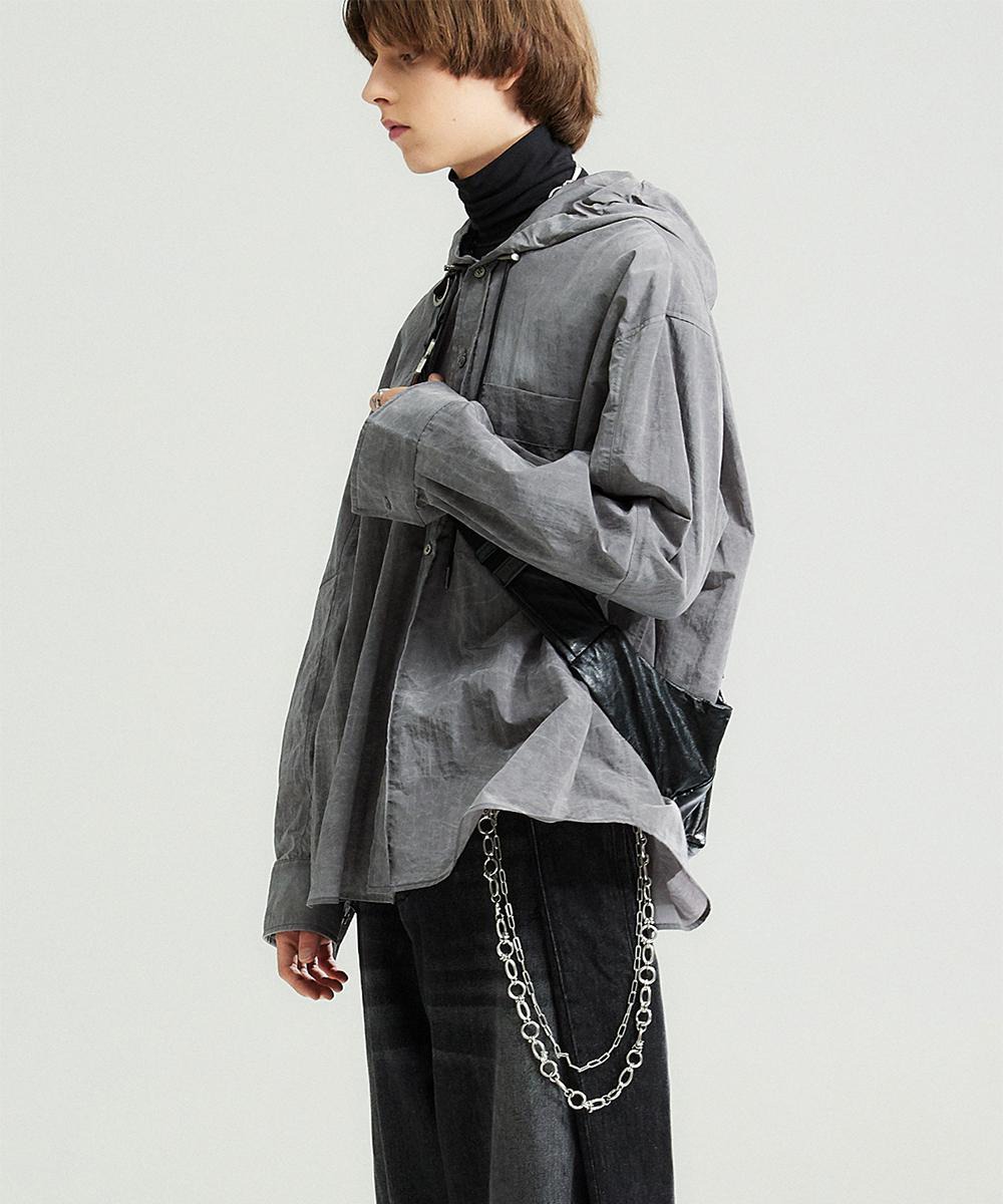 GREY Waxcoated backside 2pleats detail hooded shirts(ST208)